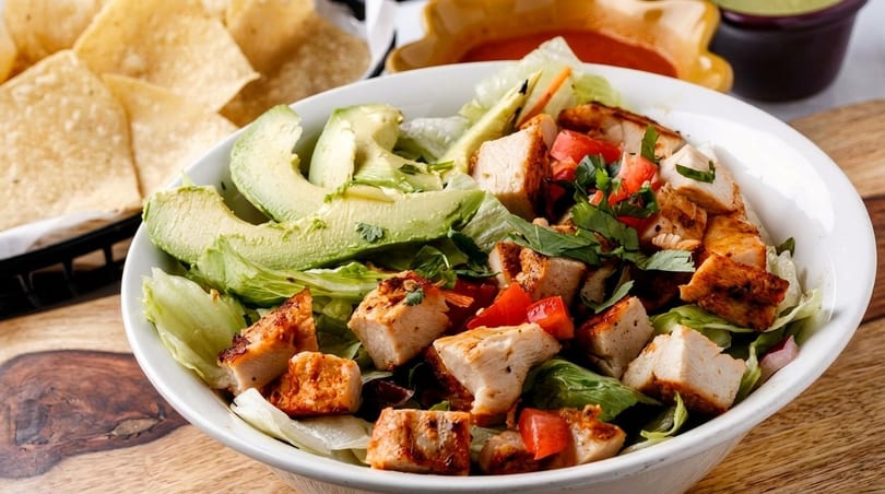 A vibrant salad with grilled chicken, avocado slices, tomatoes, and cilantro, with tortilla chips in the background.