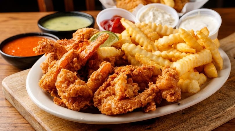 Crispy fried shrimp and crinkle-cut fries on a white plate with various dipping sauces.