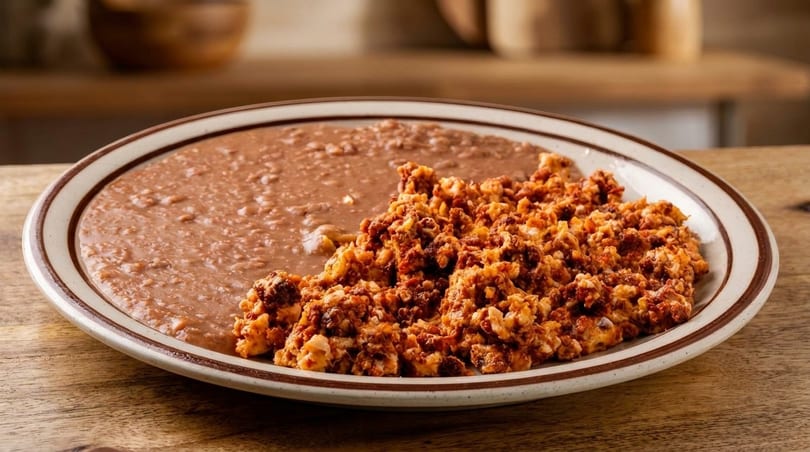 A plate of refried beans and scrambled eggs with chorizo on a wooden table.
