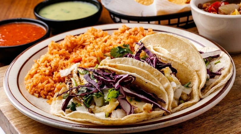 Three fish tacos with red cabbage and onions, served with rice, salsa, and guacamole.